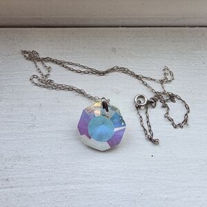 Elegant Silver and Aurora Boreal Crystal Pendant Necklace